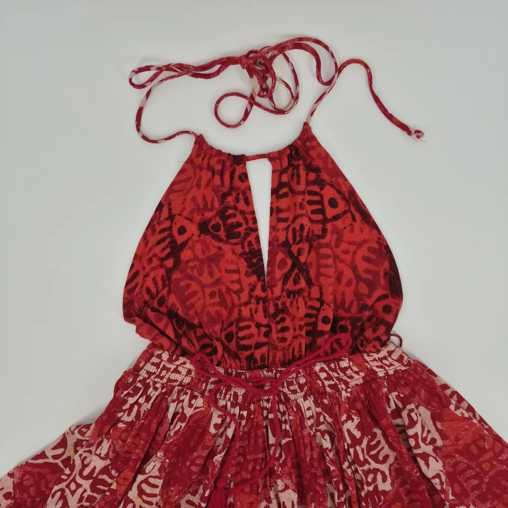 Free People Red Beach Day Boho Halter Flowy Summer Mini Dress‎